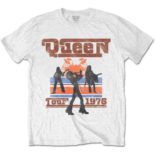 White t-shirt with a distressed Queen 1976 tour silhouette graphic.