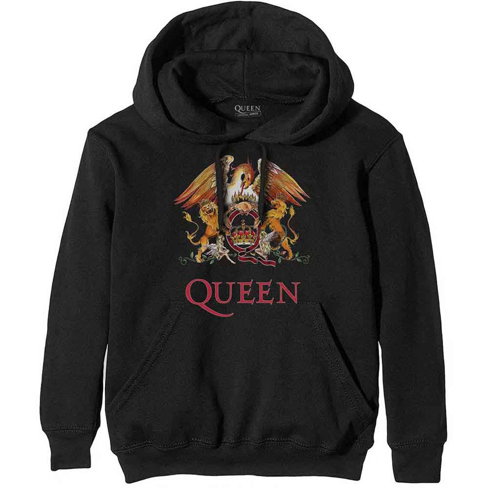 Gray unisex hoodie with a Queen band crest design, size small.