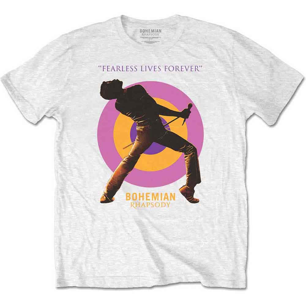 White t-shirt with image of Freddie Mercury in a performance pose.