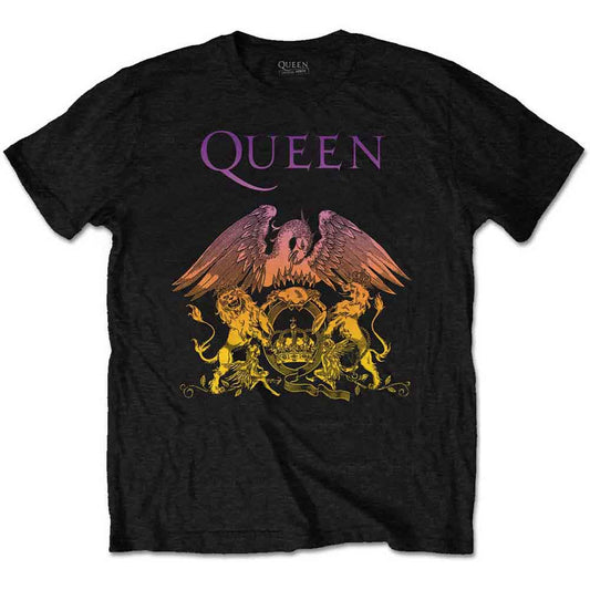 Black Queen t-shirt with gradient crest logo of a winged lion.