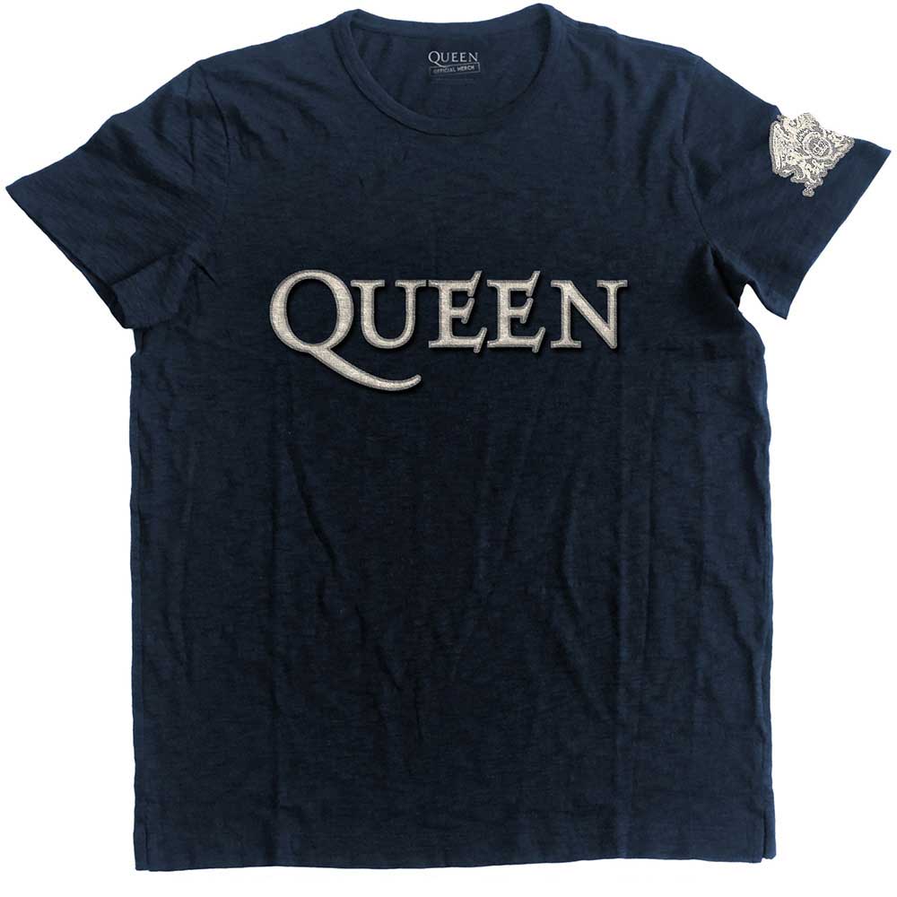 Navy blue t-shirt with a white Queen logo on the chest and crest sleeve patch.