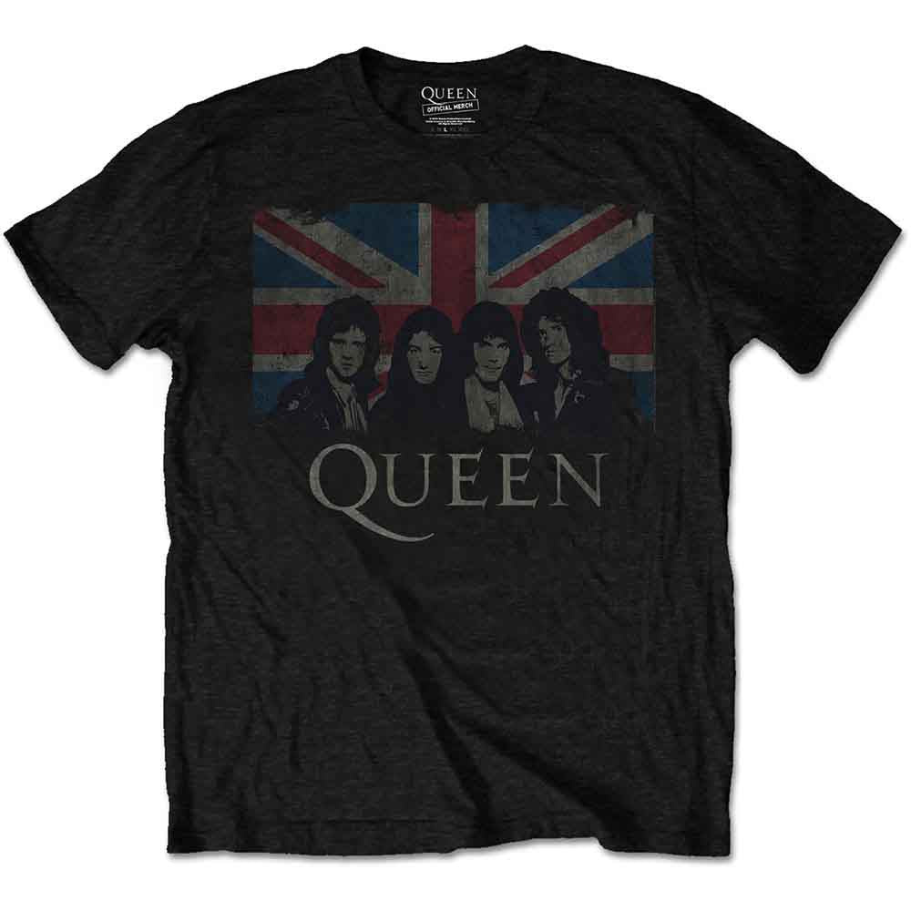 Navy blue t-shirt featuring the band Queen and a Union Jack flag graphic.