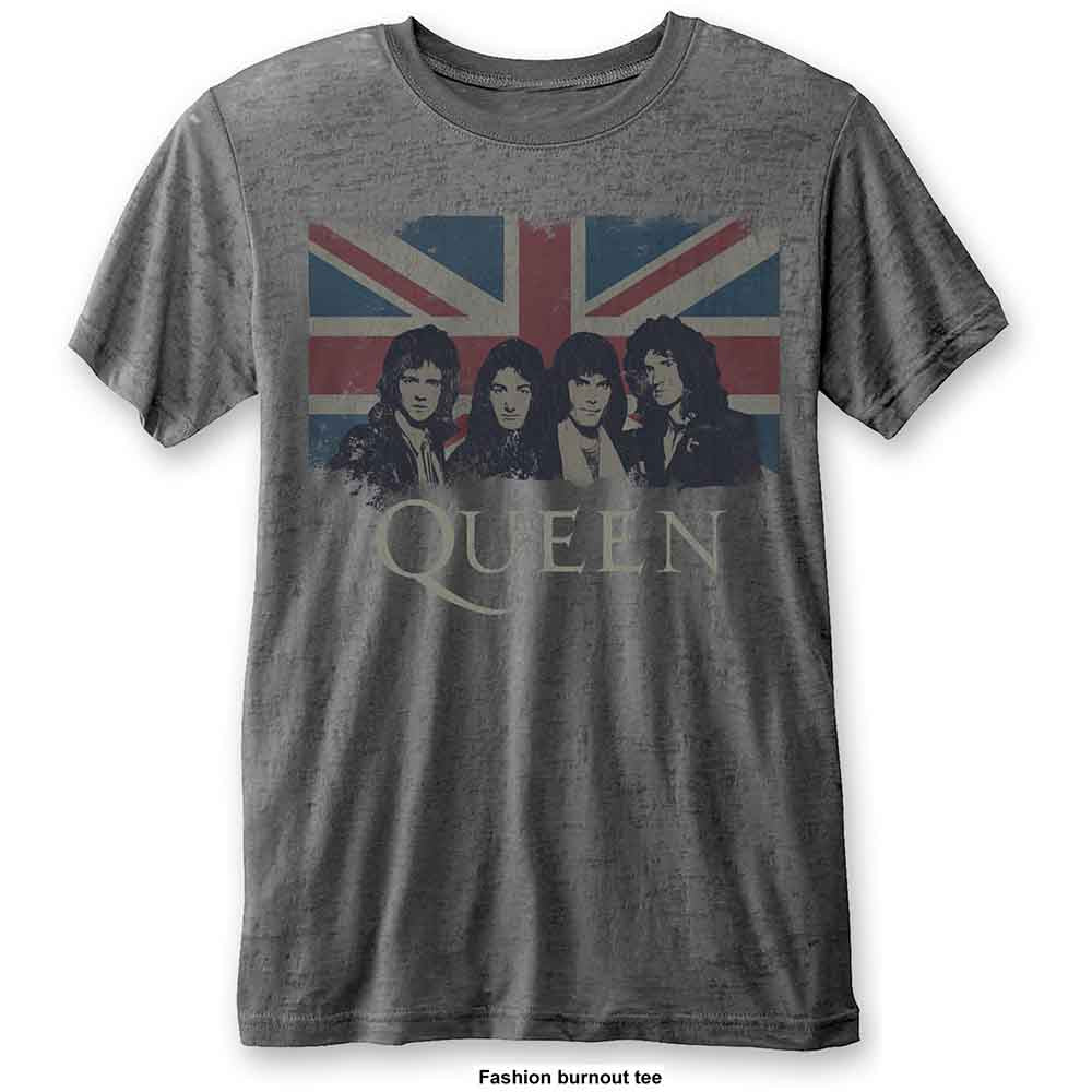 Grey t-shirt with distressed Union Jack and Queen band member graphics.