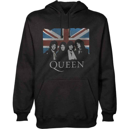 Black hoodie with a distressed Union Jack and Queen band image.
