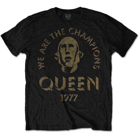 Black t-shirt with distressed Queen "We Are The Champions" graphic.