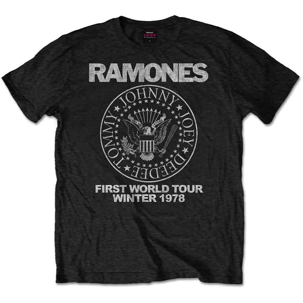 Black Ramones t-shirt with tour graphic and band member names.