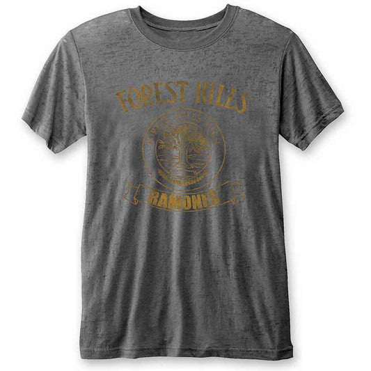 Charcoal grey t-shirt with gold "Forest Hills" and "Ramones" graphic.