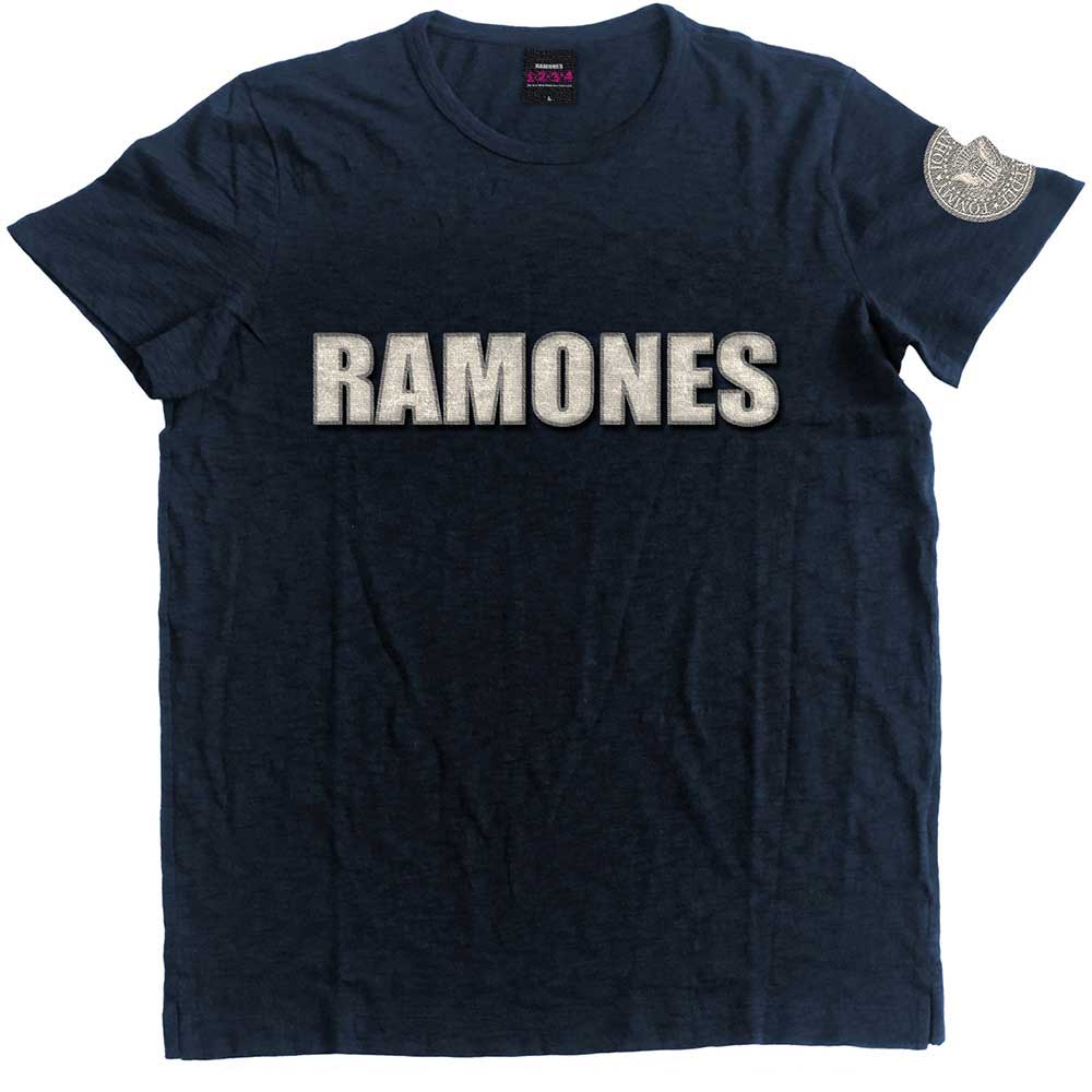 Navy blue t-shirt with "RAMONES" logo and seal graphic.