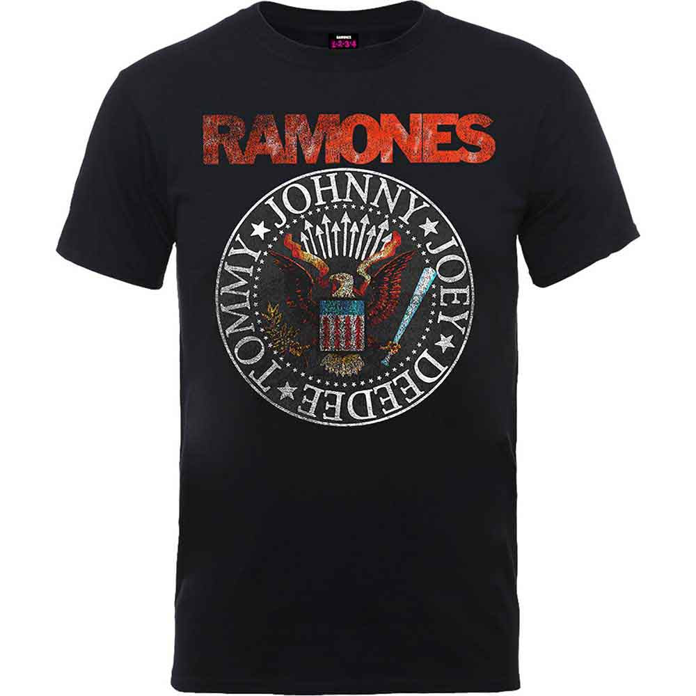 Man wearing a black Ramones t-shirt with a vintage eagle seal graphic.