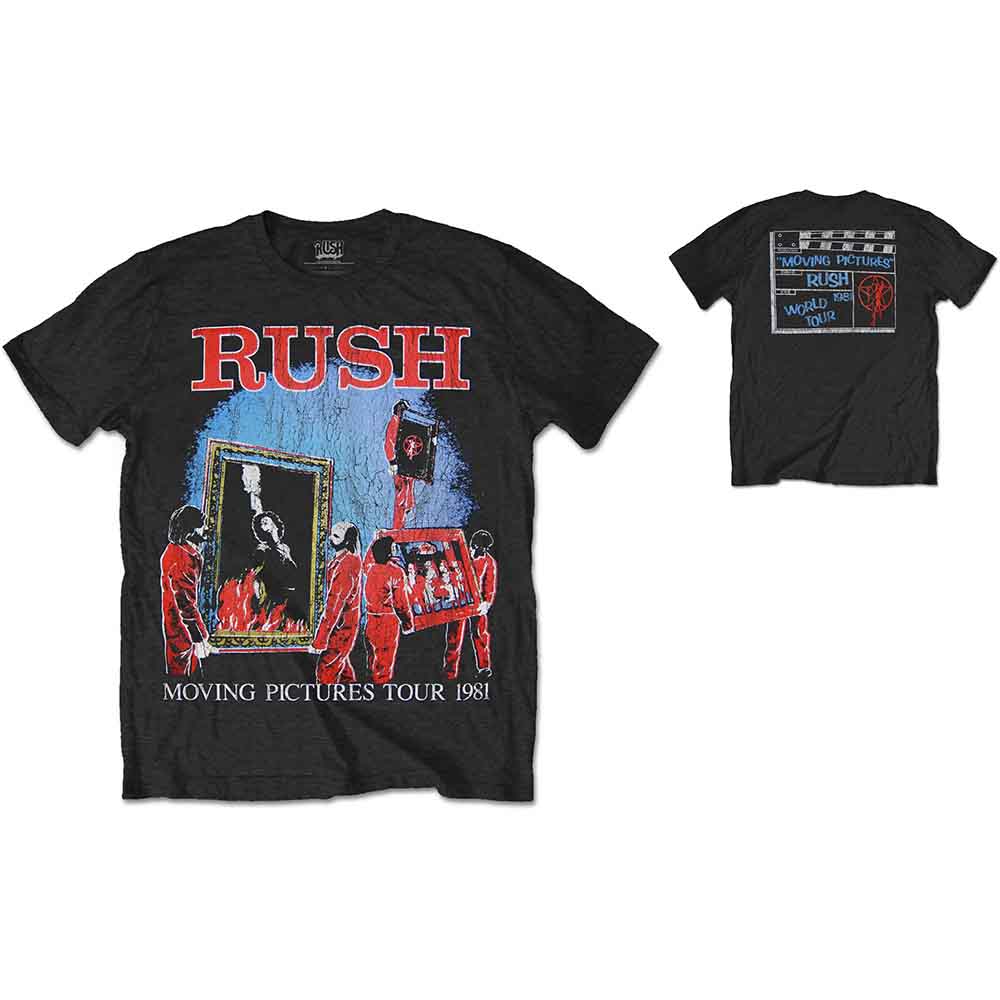 Black t-shirt with Rush band logo and 1981 tour artwork.