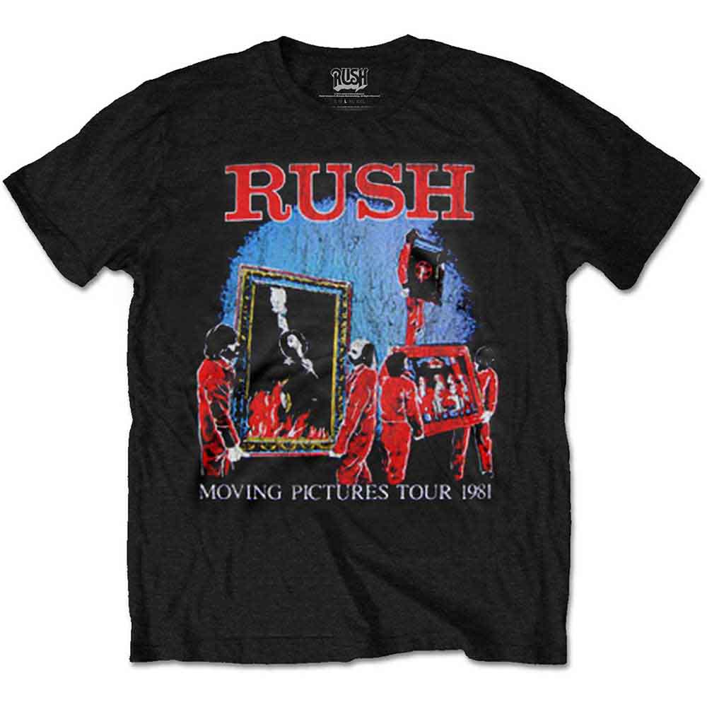 Black t-shirt with Rush "Moving Pictures" tour artwork on front.