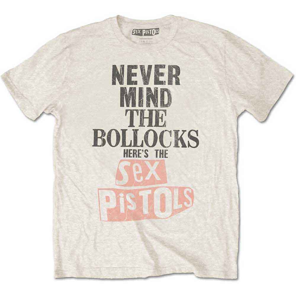 White t-shirt with distressed black and pink text reading "Never Mind The Bollocks Sex Pistols".