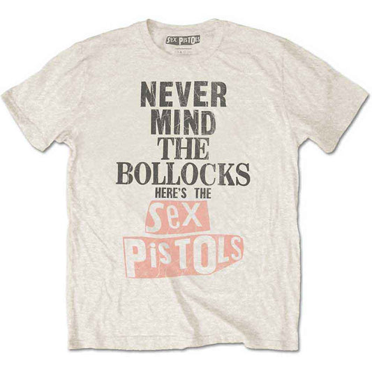 White t-shirt with distressed black and pink text reading "Never Mind The Bollocks Sex Pistols".