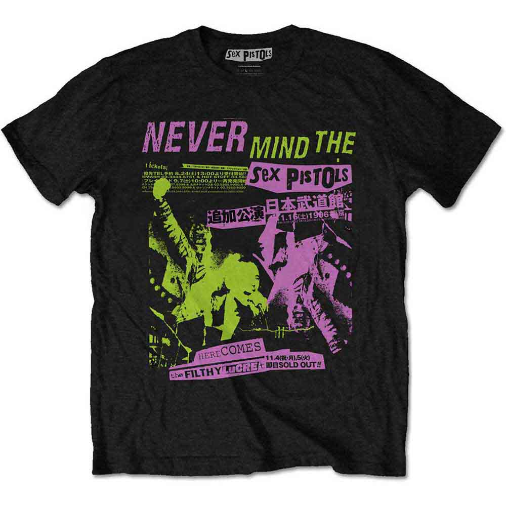 Black t-shirt featuring a Sex Pistols Japanese concert poster graphic in pink and green.