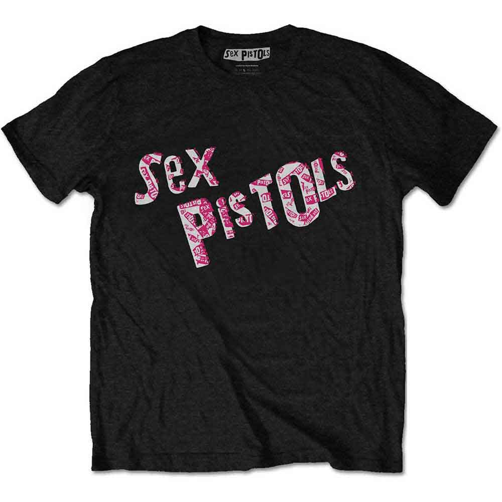 Black t-shirt with red and white "Sex Pistols" logo print.