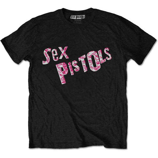 Black t-shirt with red and white "Sex Pistols" logo print.