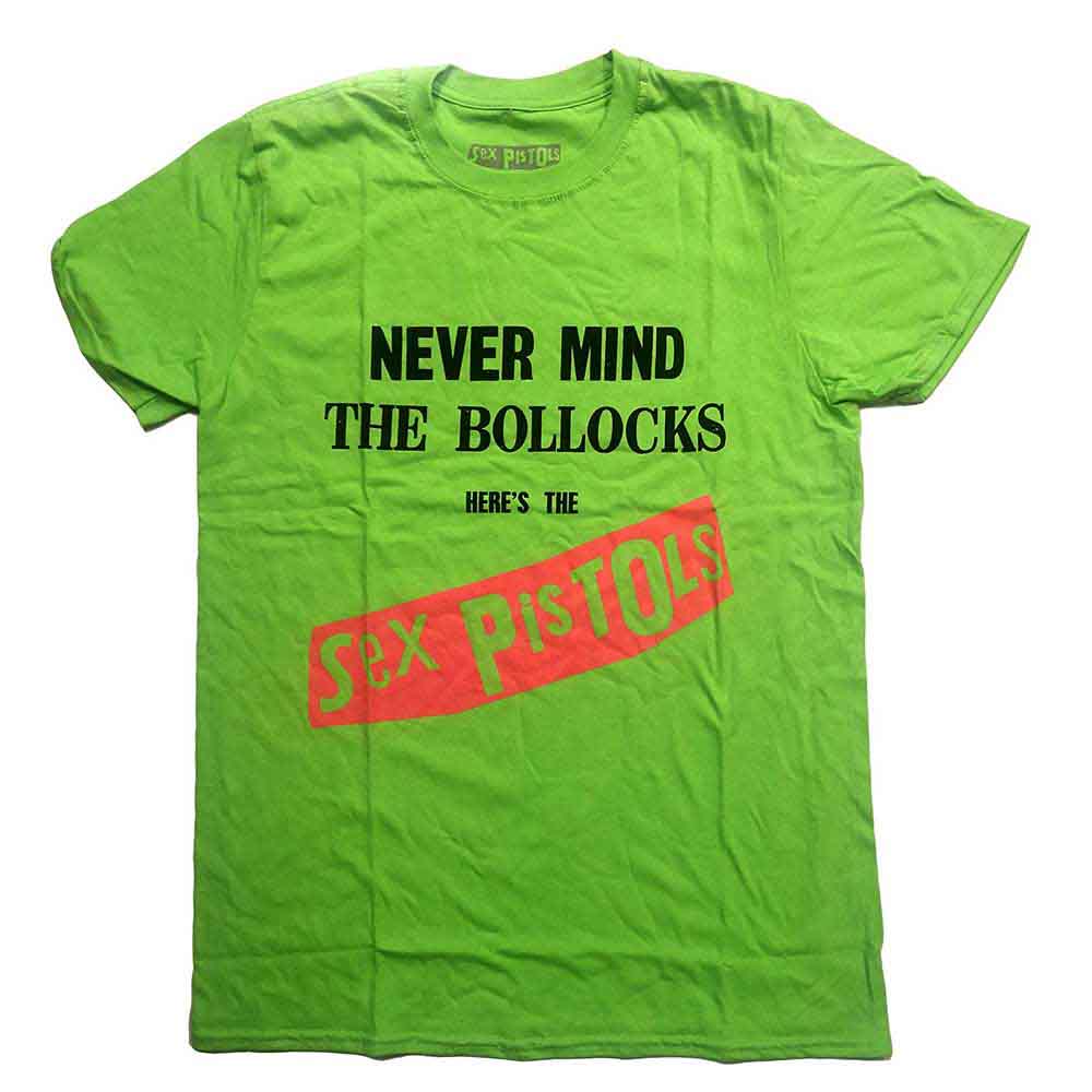 Person with pink hair wearing a yellow Sex Pistols album t-shirt.