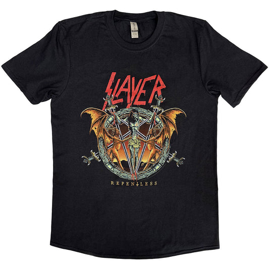 Black t-shirt with a red and gold Slayer demon graphic on the chest.
