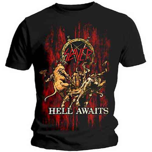Black Slayer Hell Awaits t-shirt featuring a red and brown graphic of demons.