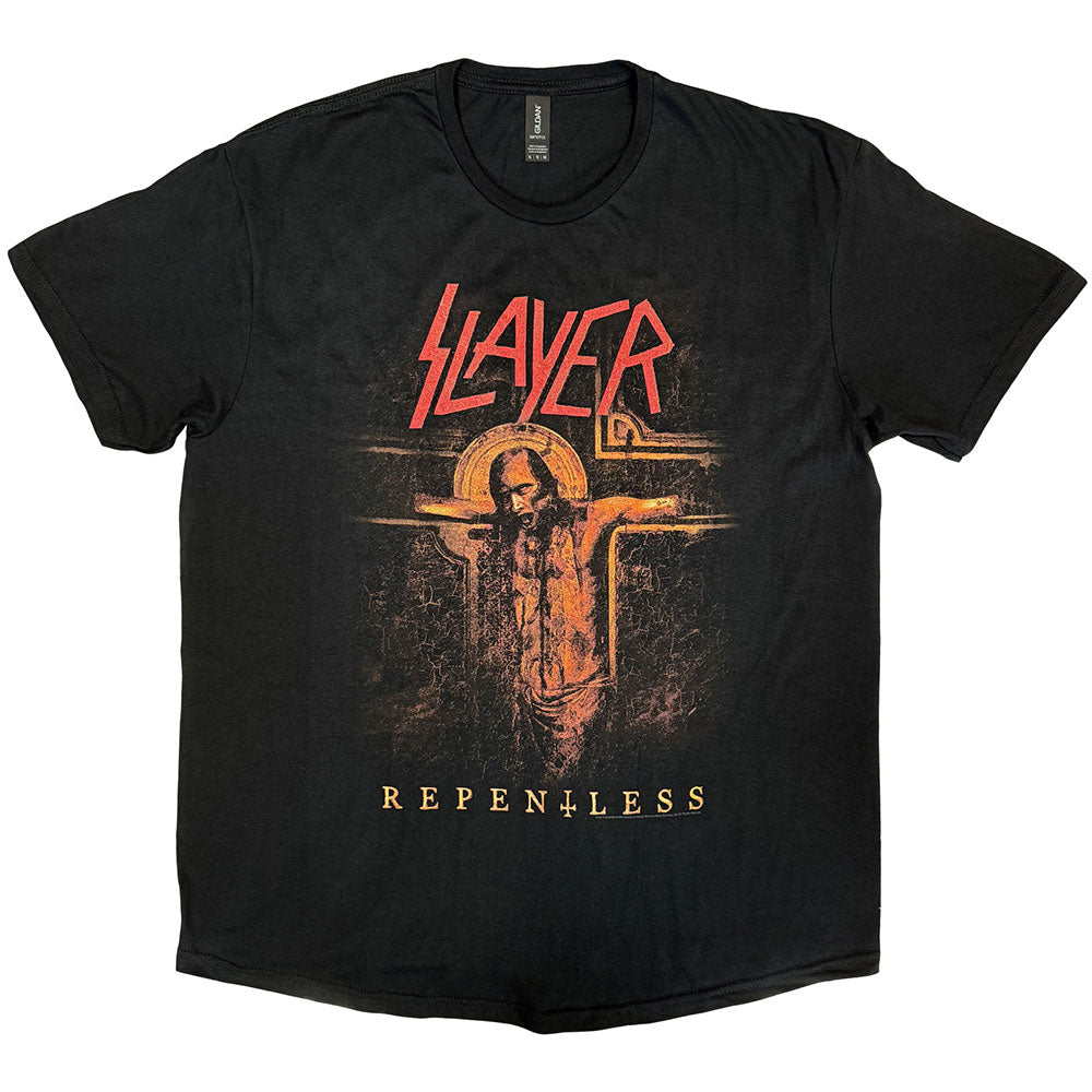 Black t-shirt with Slayer logo and graphic of a crucified figure.