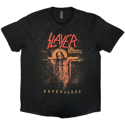 Black t-shirt with Slayer logo and graphic of a crucified figure.