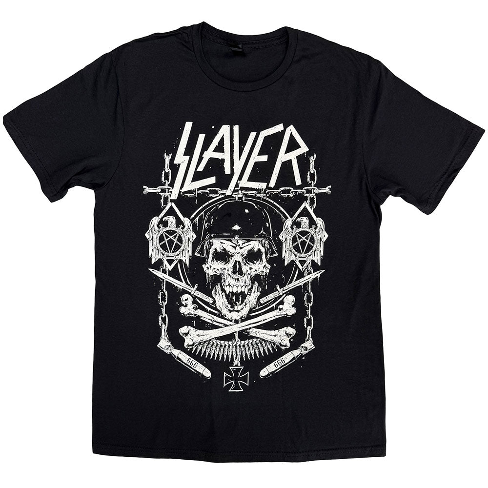 Black t-shirt featuring a white Slayer logo, a skull in a helmet, and bones.