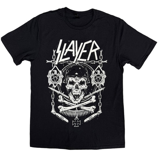 Black t-shirt featuring a white Slayer logo, a skull in a helmet, and bones.