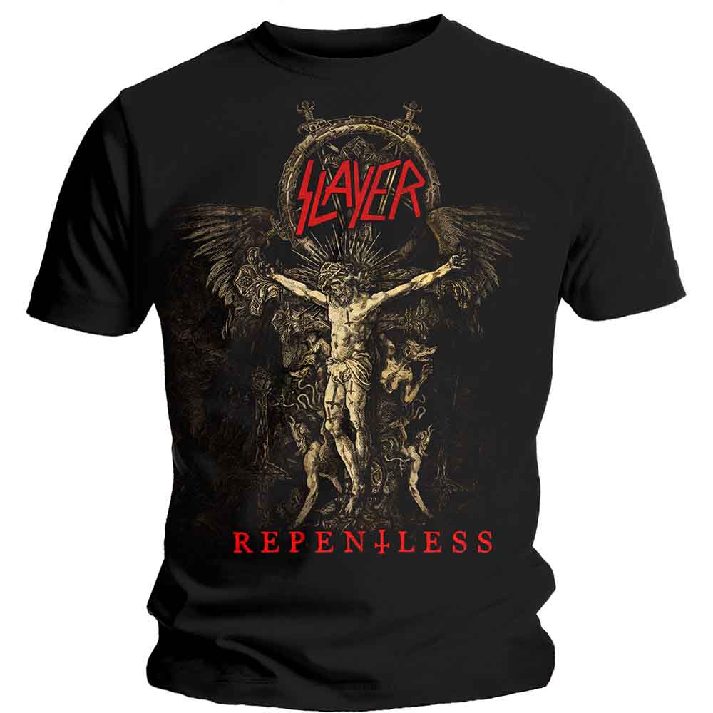Black t-shirt with a detailed, red and gold Slayer band graphic.