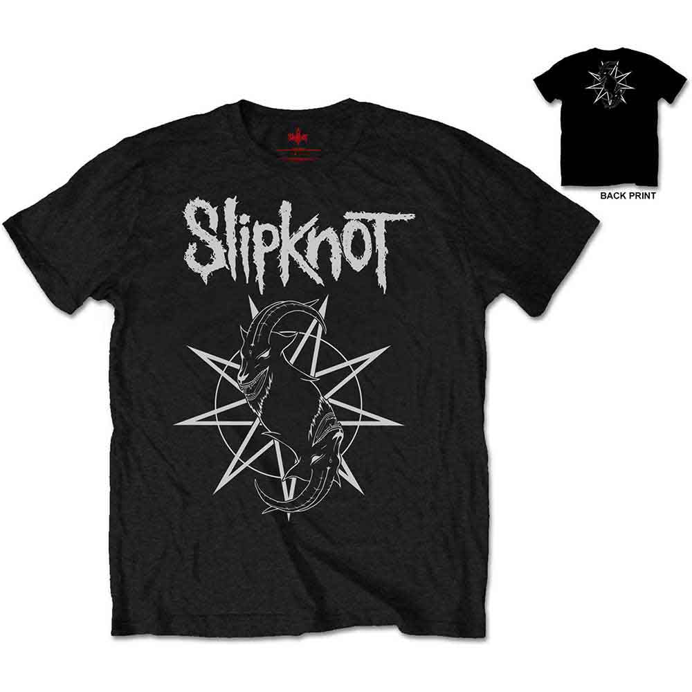 Black Slipknot t-shirt with a white goat and star logo on the front.