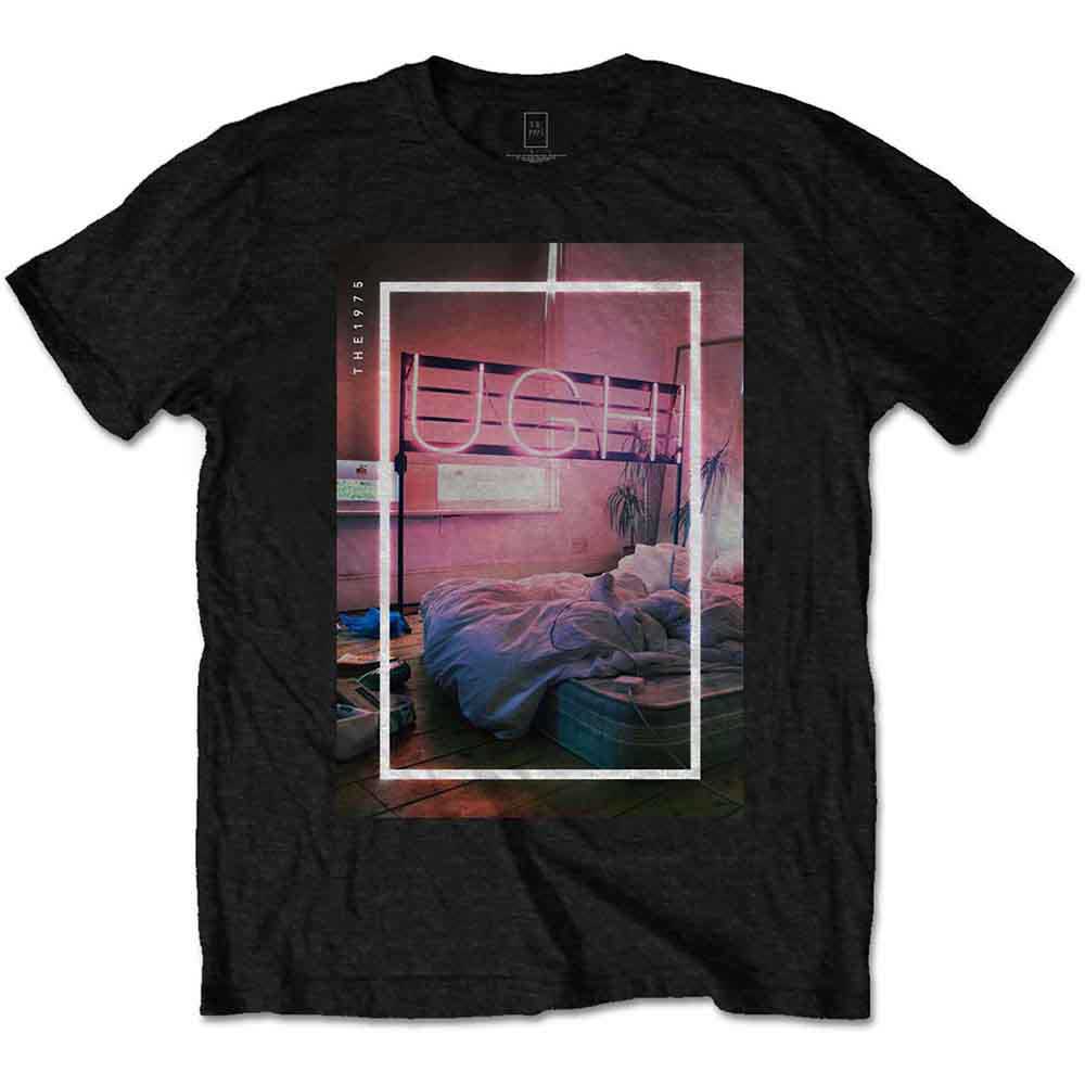 Black t-shirt with a graphic print of a bedroom and "UGH" text.