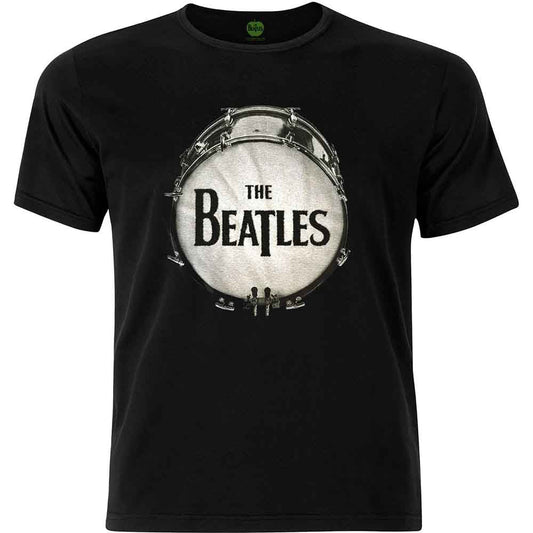 Black t-shirt with a white drum and "The Beatles" graphic.