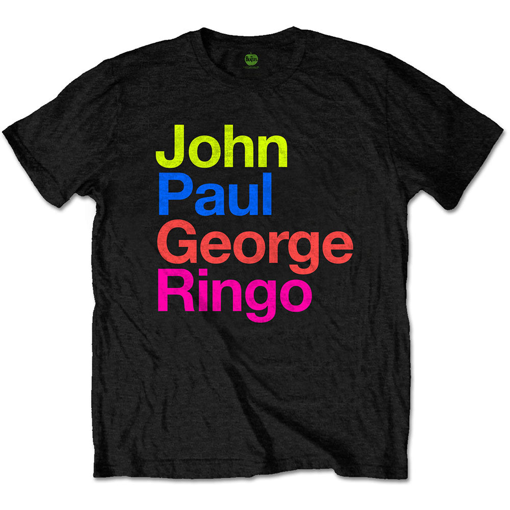 Black Beatles t-shirt with colorful names: John, Paul, George, Ringo.