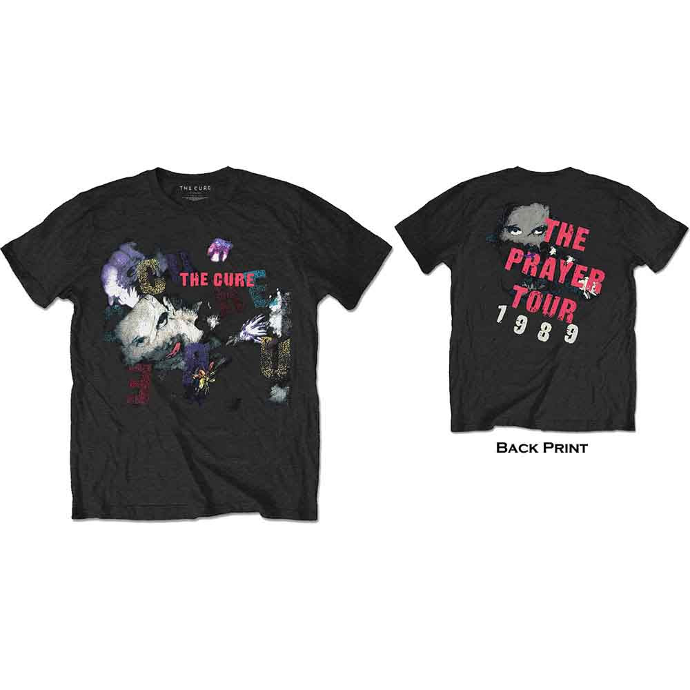 Black t-shirt with white back print of The Cure’s 1989 Prayer Tour design.