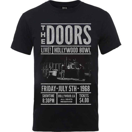 Black t-shirt with white graphic of The Doors concert poster.