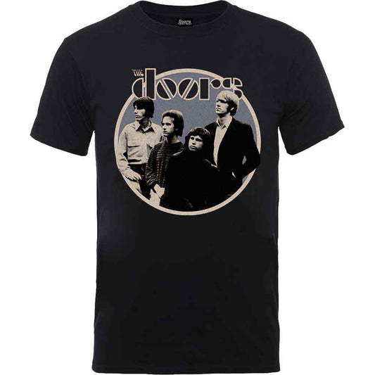 White t-shirt with a circular graphic of the band The Doors.