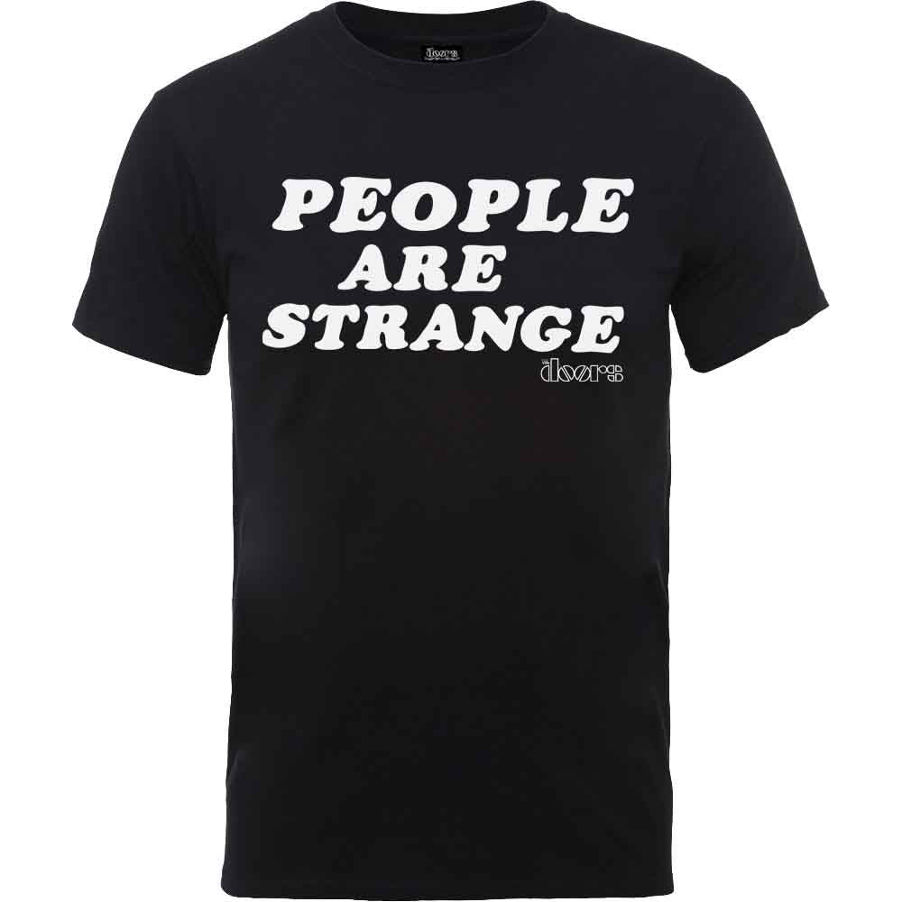 Black short-sleeved t-shirt with white text reading People Are Strange and The Doors logo.