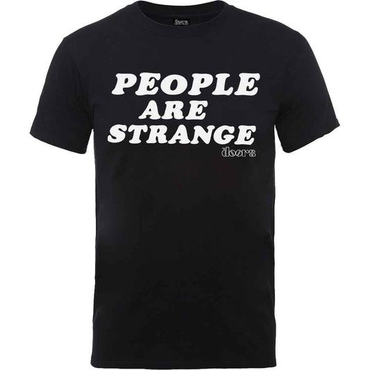 Black short-sleeved t-shirt with white text reading People Are Strange and The Doors logo.
