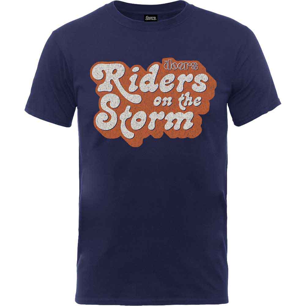 Blue t-shirt with orange and brown "Riders on the Storm" graphic.