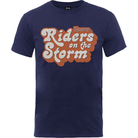 Blue t-shirt with orange and brown "Riders on the Storm" graphic.