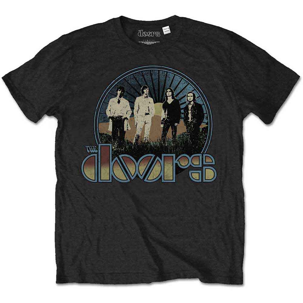 Black t-shirt with a vintage graphic of the band The Doors.
