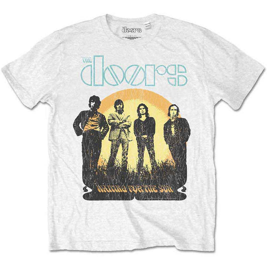 White t-shirt featuring The Doors band members in front of a large orange sun.