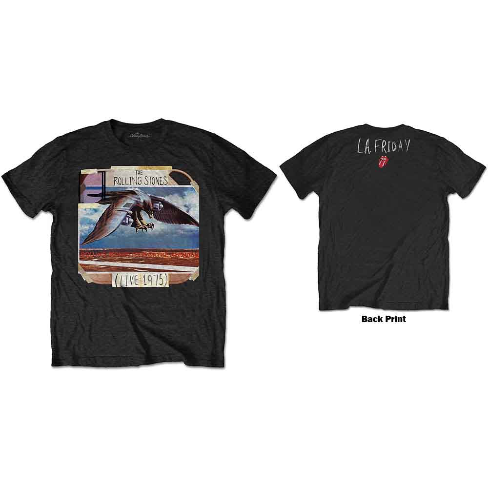 Black Rolling Stones t-shirt with eagle and "LA FRIDAY" design.