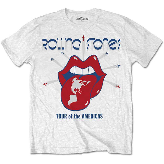 White t-shirt with Rolling Stones' tongue and map tour graphic.