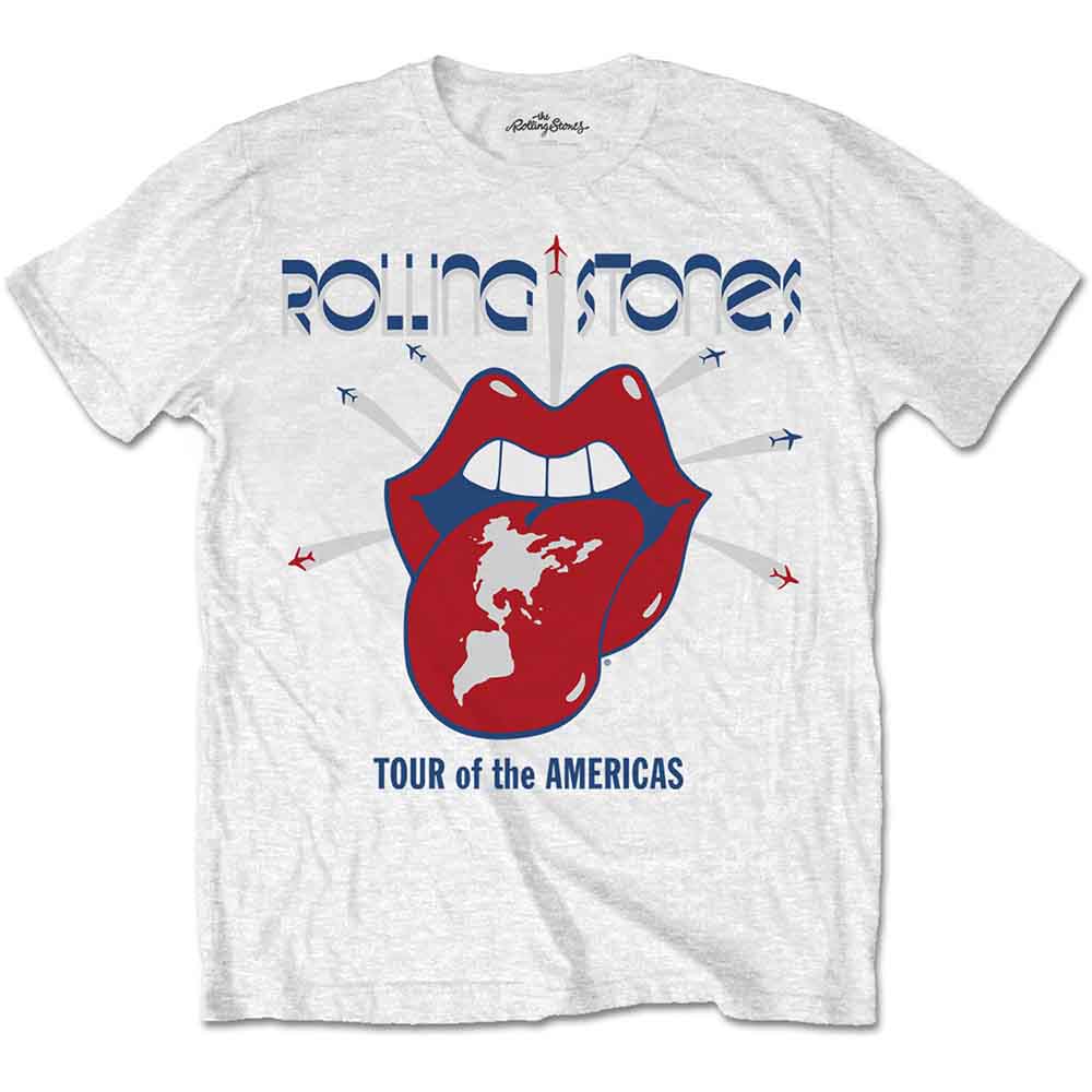 White t-shirt with Rolling Stones' tongue and map tour graphic.