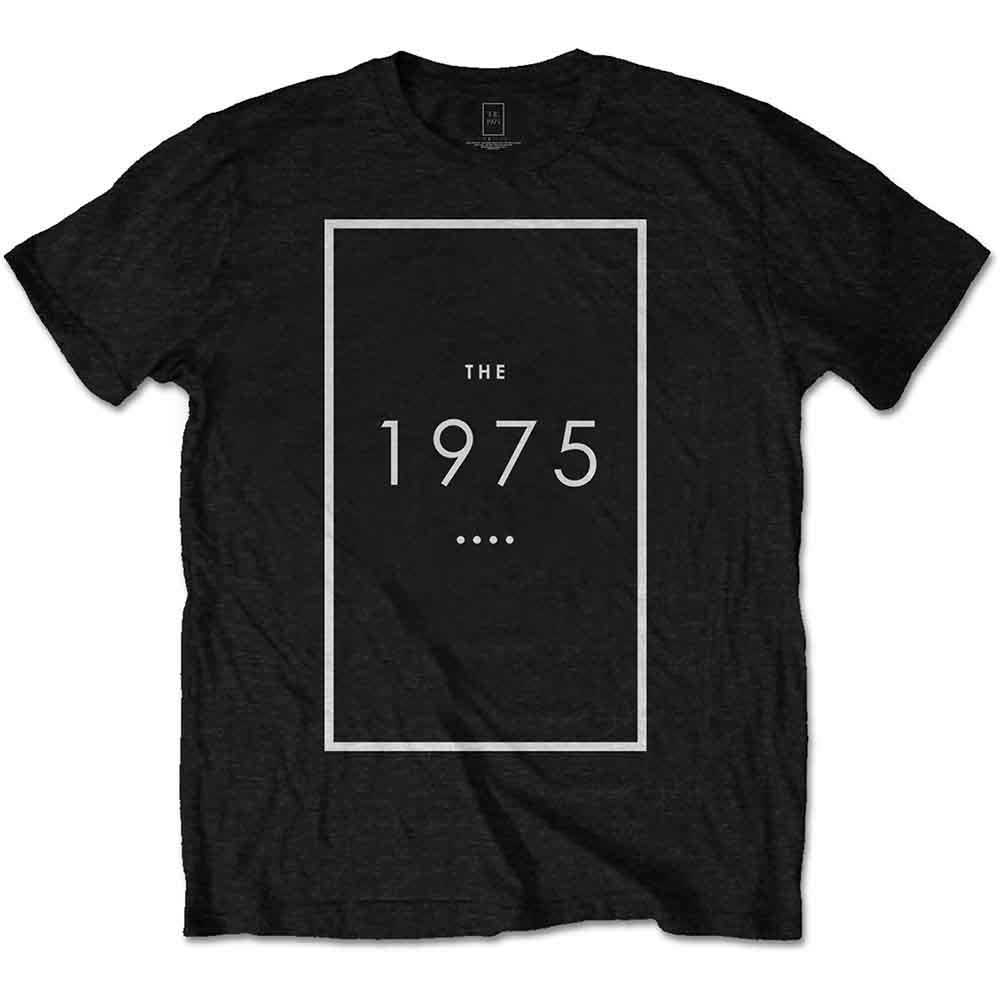 White t-shirt with black rectangular graphic displaying “THE 1975” text.