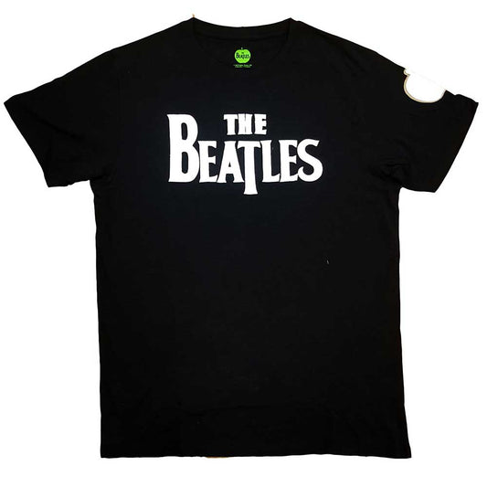 Black Beatles t-shirt with distressed logo and small chest applique.