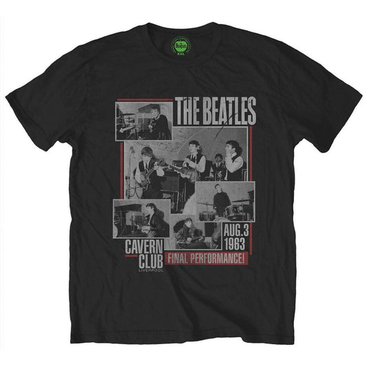 White t-shirt with black and white photos of The Beatles performing.