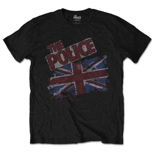 Black t-shirt with distressed graphic of The Police logo and Union Jack.