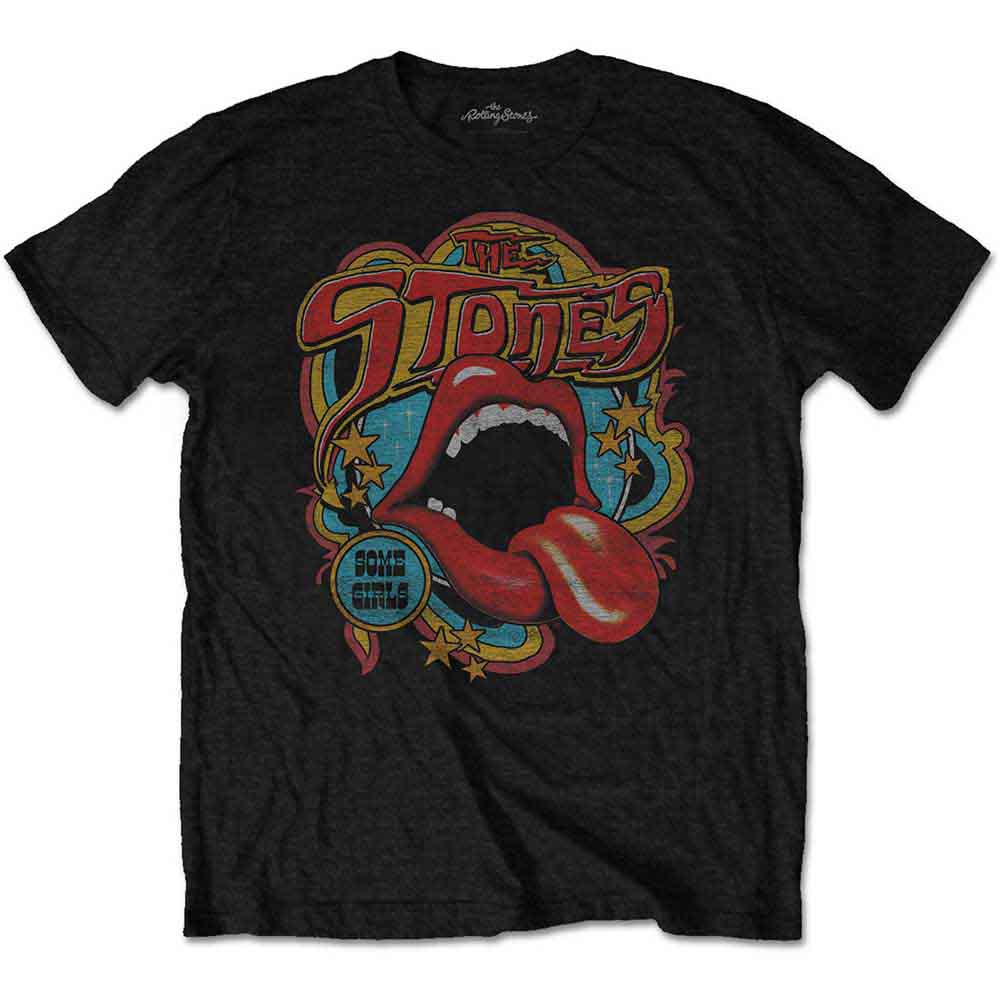 Black t-shirt with The Rolling Stones’ “Some Girls” logo graphic.
