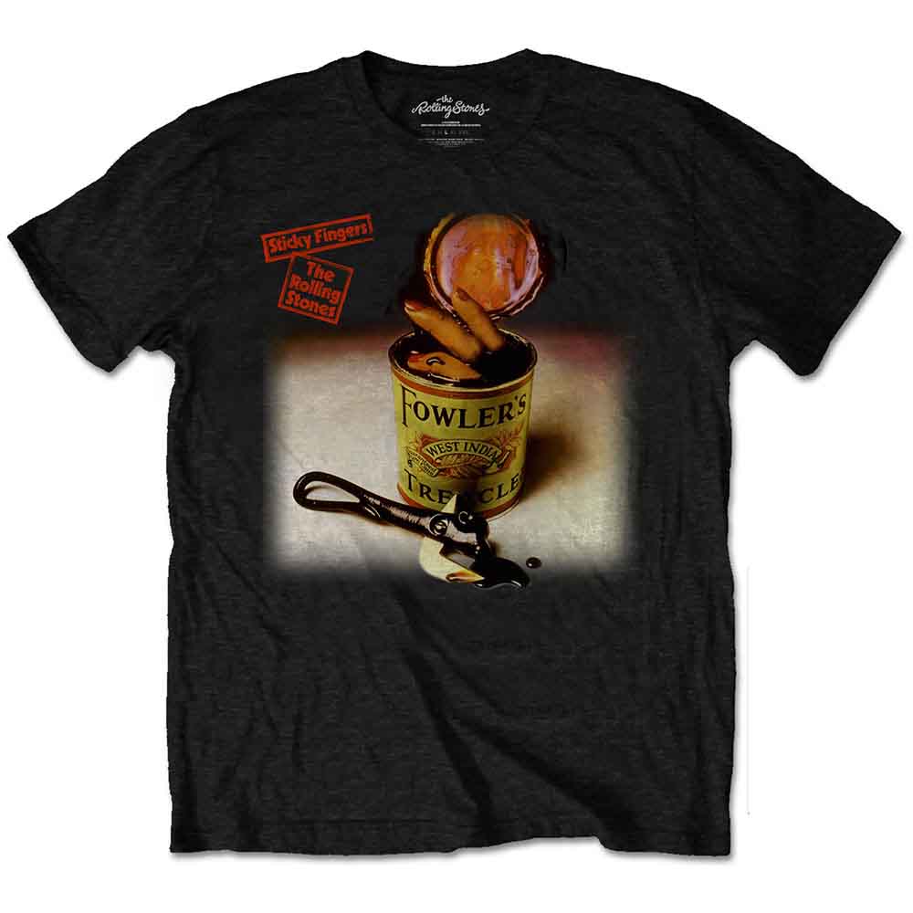 Black t-shirt featuring The Rolling Stones’ Sticky Fingers album cover art.